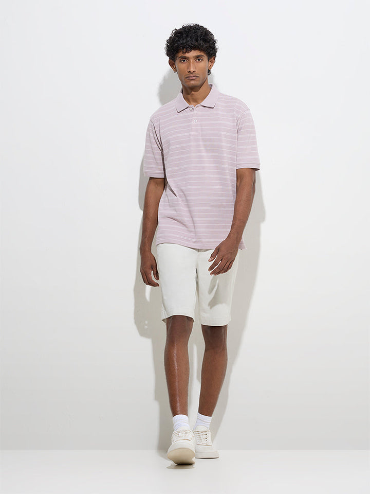 WES Casuals Lavender Striped Relaxed-Fit Cotton-Blend Polo T-Shirt