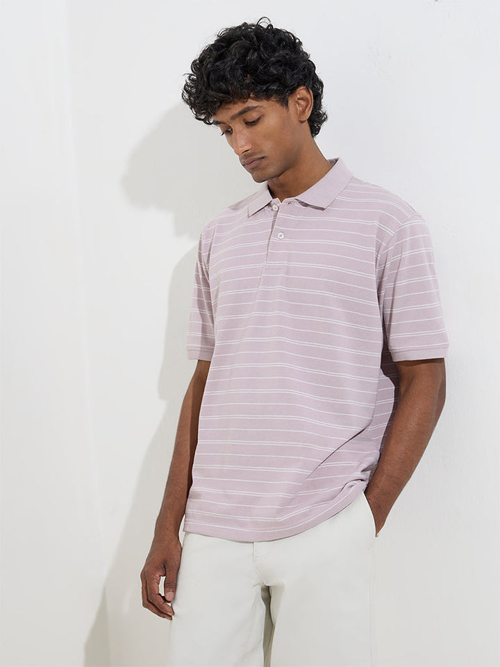 WES Casuals Lavender Striped Relaxed-Fit Cotton-Blend Polo T-Shirt