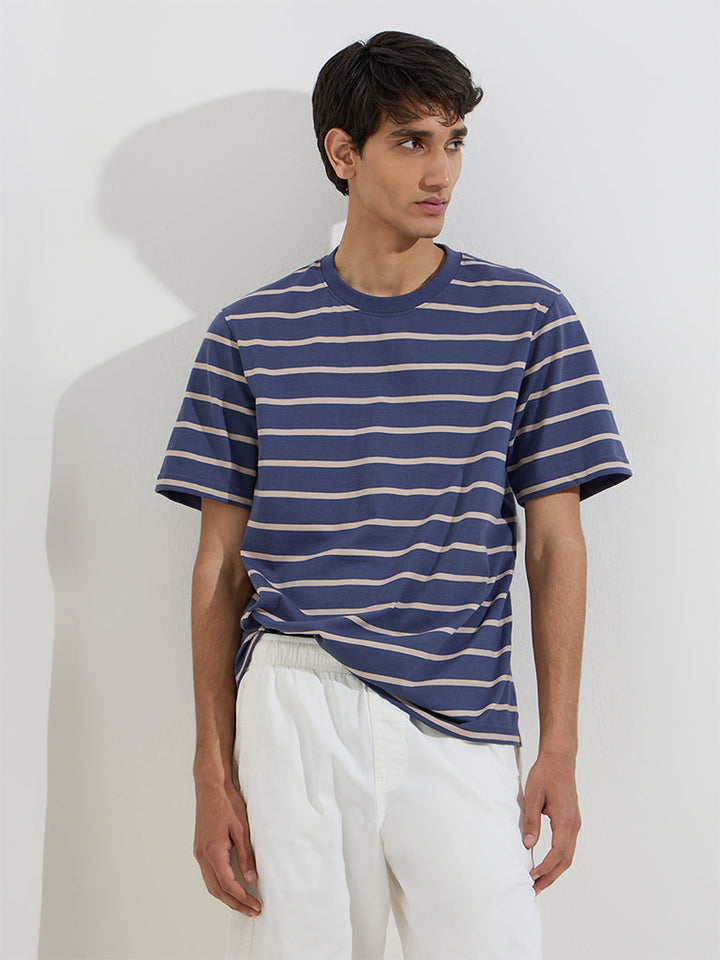 WES Casuals Navy Striped Relaxed-Fit Cotton T-Shirt
