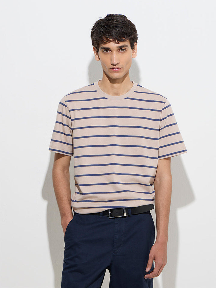 WES Casuals Taupe Striped Relaxed-Fit Cotton T-Shirt