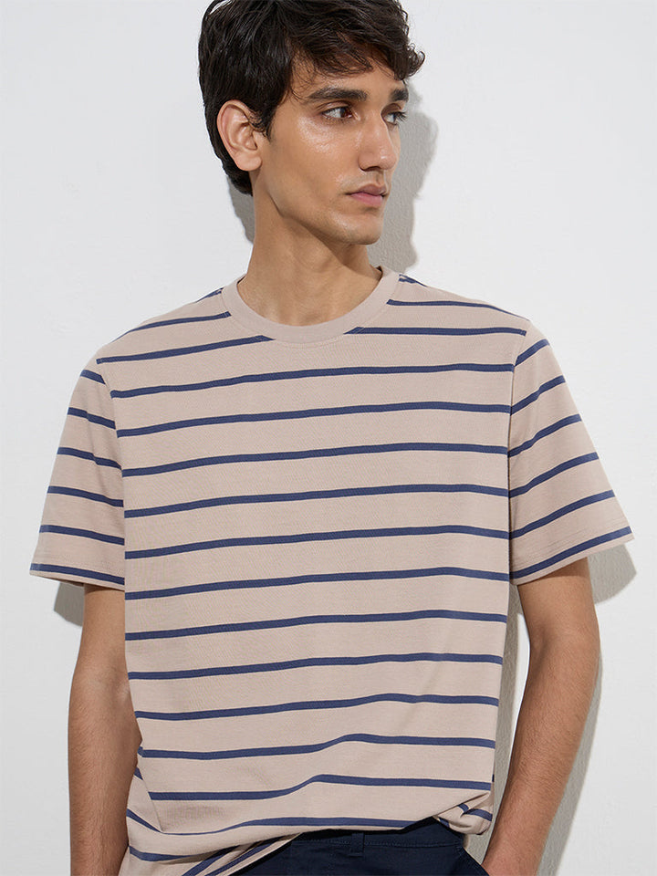 WES Casuals Taupe Striped Relaxed-Fit Cotton T-Shirt