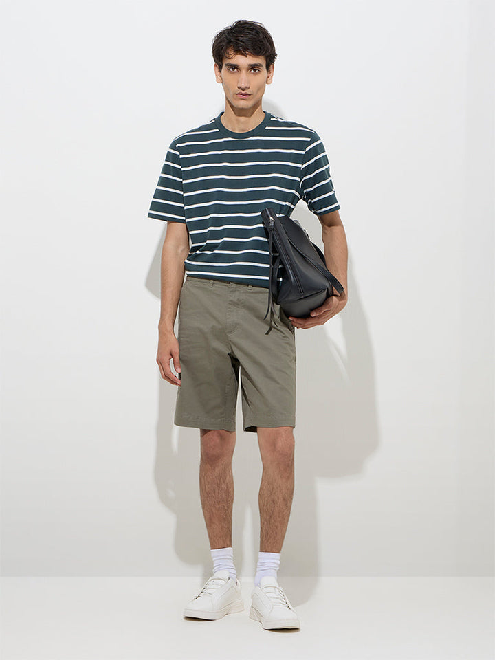 WES Casuals Dark Green Striped Relaxed-Fit Cotton T-Shirt