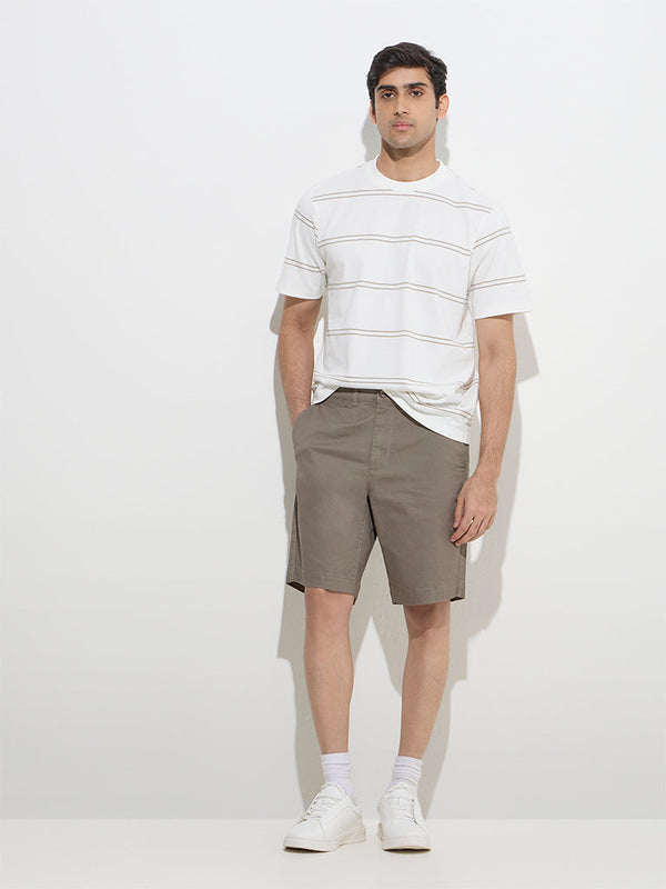 WES Casuals Taupe Striped Relaxed-Fit Cotton T-Shirt