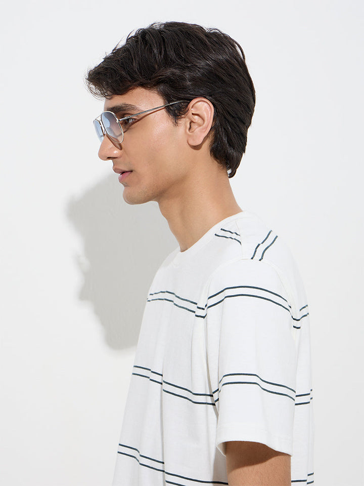 WES Casuals White Striped Relaxed-Fit Cotton T-Shirt