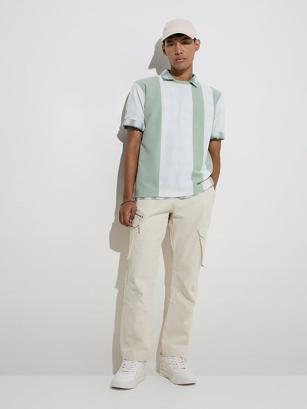 Nuon Green Colour-Block Relaxed-Fit Cotton-Blend T-Shirt