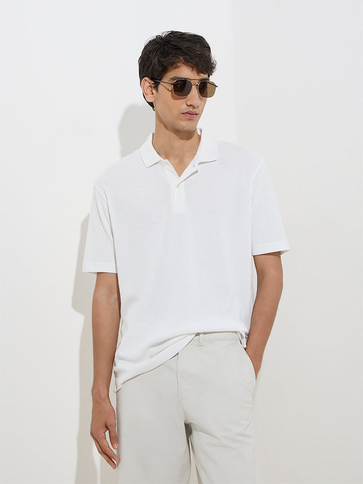 WES Casuals White Relaxed-Fit Cotton-Blend Polo T-Shirt