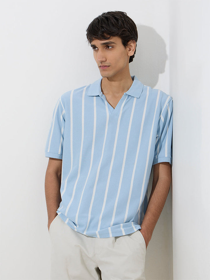 WES Casuals Blue Relaxed-Fit Cotton-Blend Polo T-Shirt