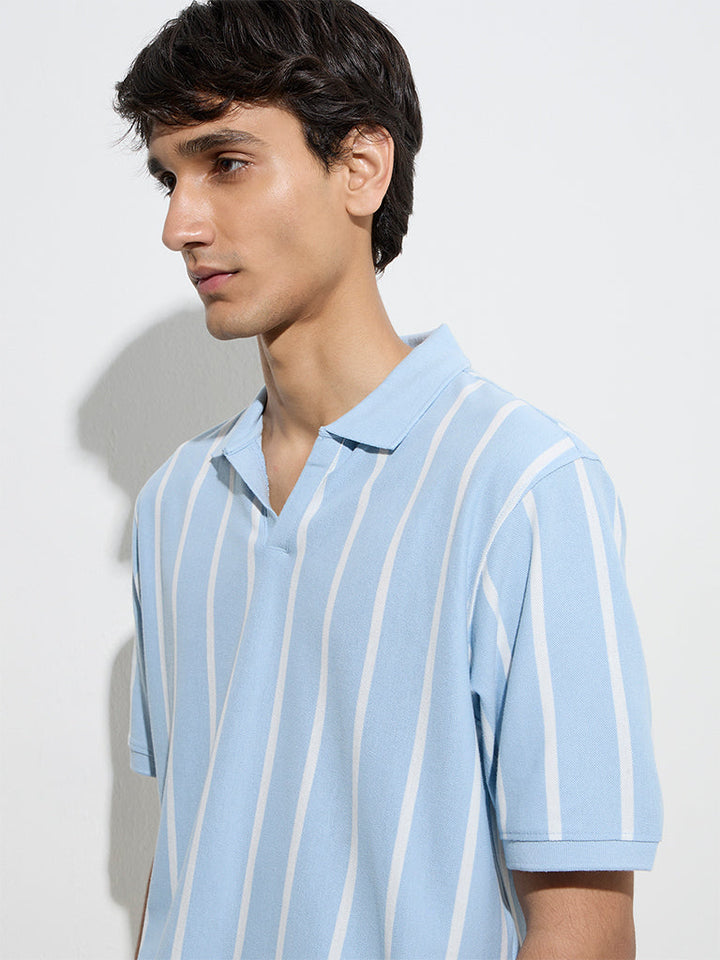 WES Casuals Blue Relaxed-Fit Cotton-Blend Polo T-Shirt