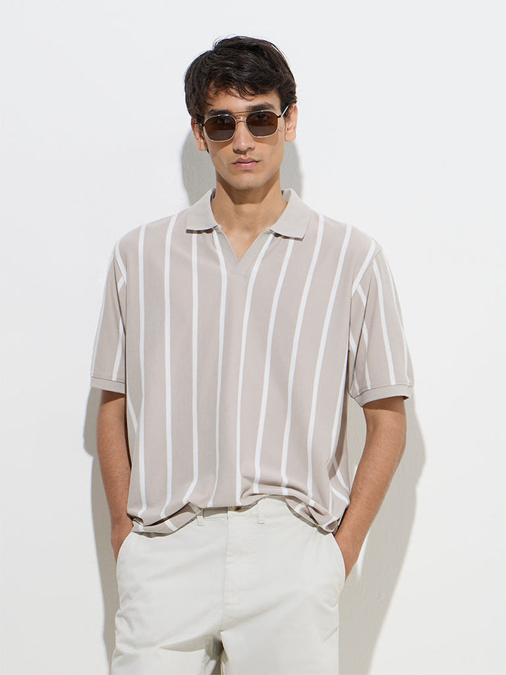 WES Casuals Taupe Relaxed-Fit Cotton-Blend Polo T-Shirt