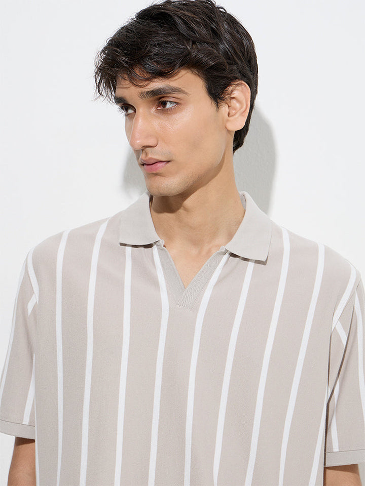 WES Casuals Taupe Relaxed-Fit Cotton-Blend Polo T-Shirt