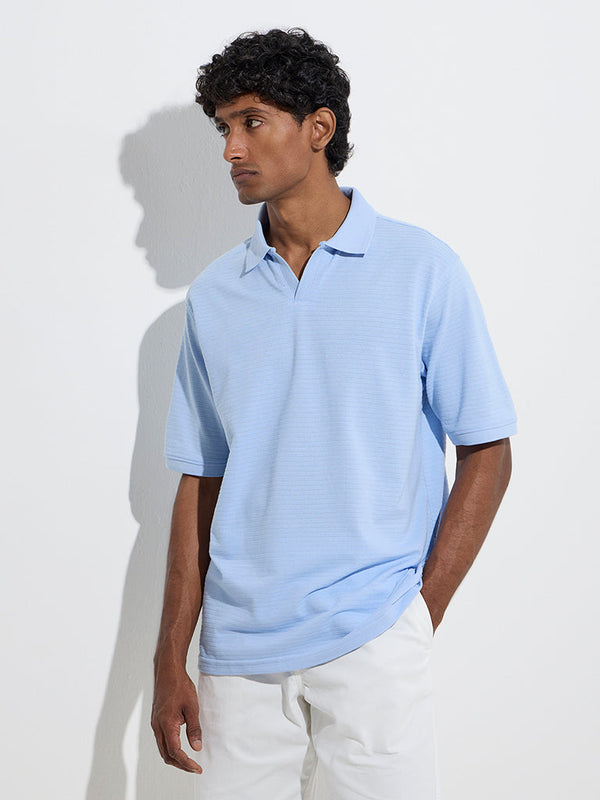 WES Casuals Blue Relaxed-Fit Cotton-Blend Polo T-Shirt