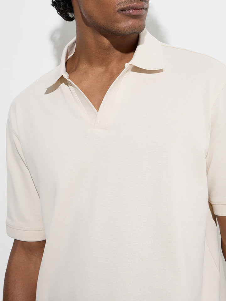 WES Casuals Beige Relaxed-Fit Cotton-Blend Polo T-Shirt