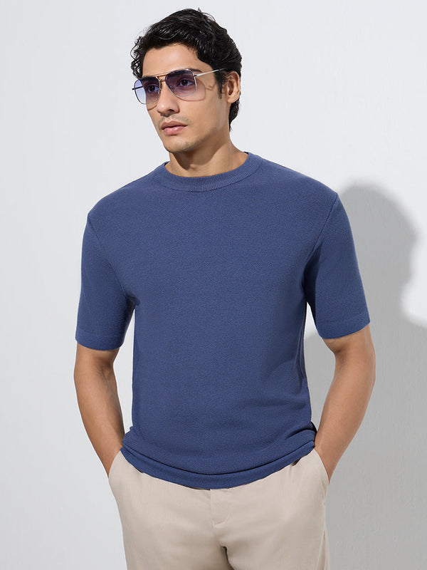 WES Formals Indigo Solid Slim-Fit T-Shirt