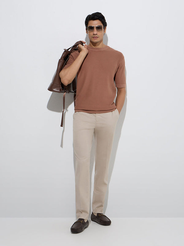 WES Formals Brown Solid Slim-Fit T-Shirt