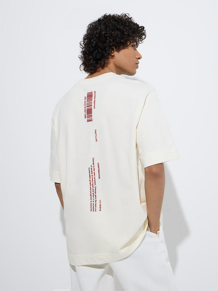 Studiofit Off-White Text Design Relaxed-Fit Cotton T-Shirt