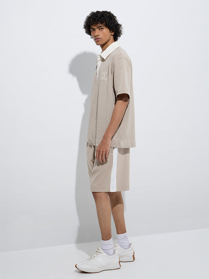 Studiofit Beige Relaxed-Fit Mid-Rise Cotton-Blend Shorts