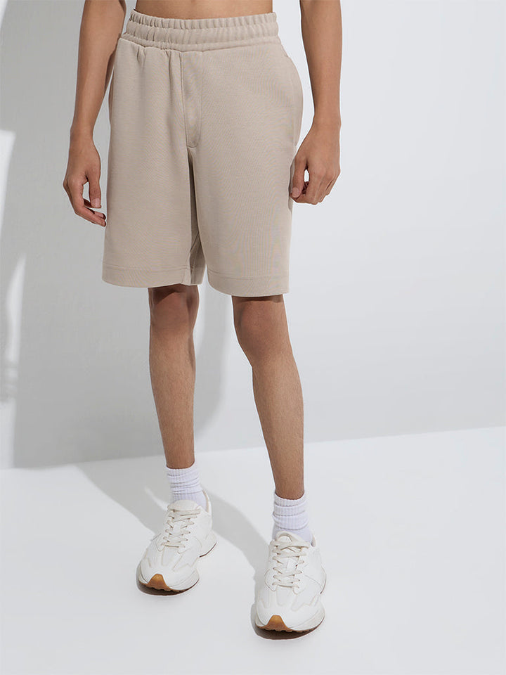 Studiofit Beige Relaxed-Fit Mid-Rise Cotton-Blend Shorts