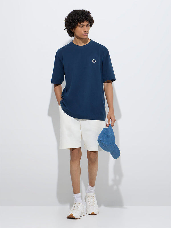 Studiofit Dark Blue Typographic Relaxed-Fit Cotton T-Shirt