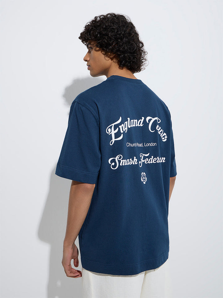 Studiofit Dark Blue Typographic Relaxed-Fit Cotton T-Shirt