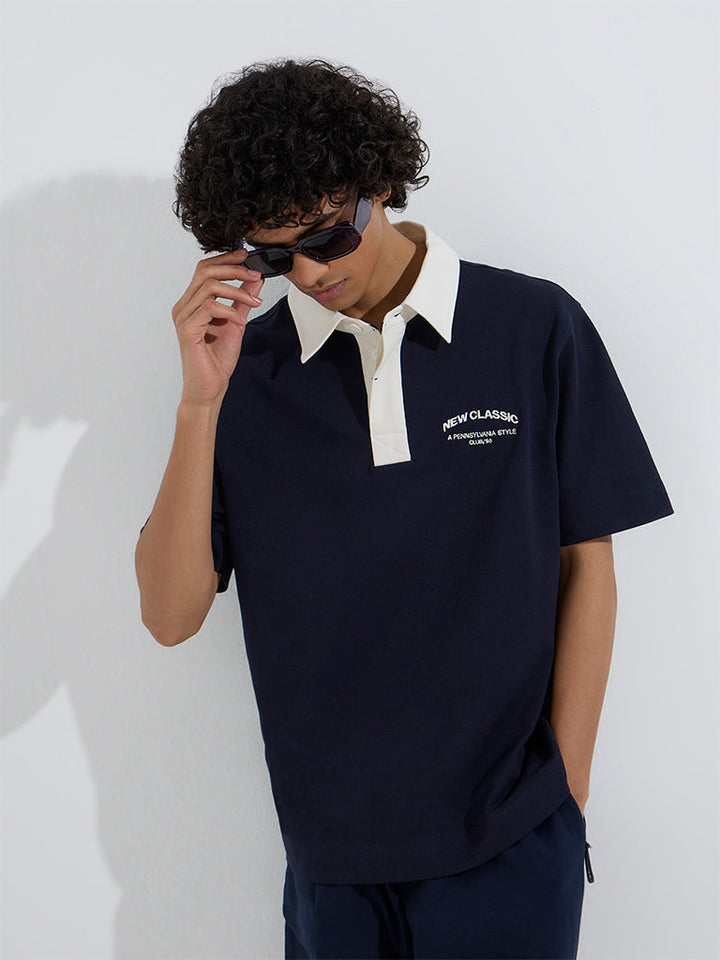 Studiofit Navy Relaxed-Fit Cotton-Blend Polo T-Shirt