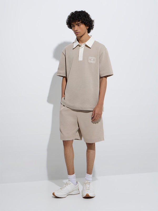 Studiofit Beige Relaxed-Fit Cotton-Blend Polo T-Shirt