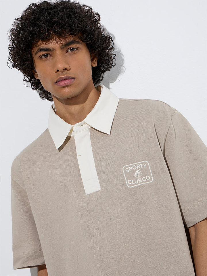 Studiofit Beige Relaxed-Fit Cotton-Blend Polo T-Shirt