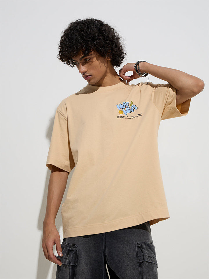 Nuon Peach Printed Relaxed-Fit Cotton T-Shirt