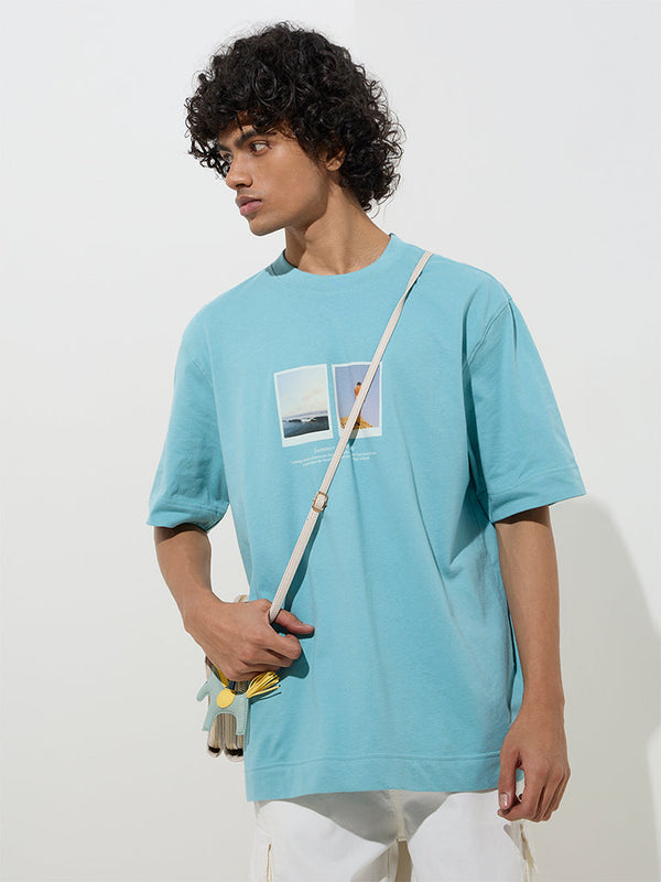 Nuon Blue Printed Relaxed-Fit Cotton T-Shirt