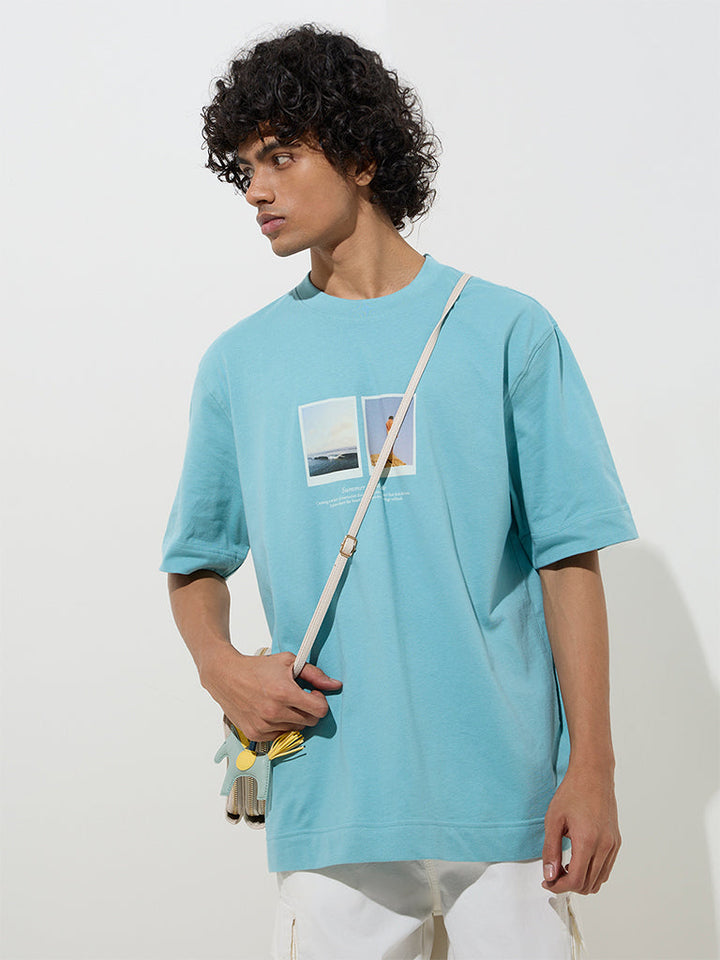 Nuon Blue Printed Relaxed-Fit Cotton T-Shirt