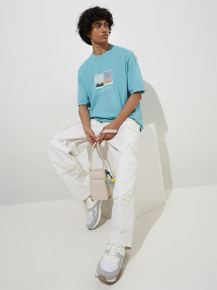 Nuon Blue Printed Relaxed-Fit Cotton T-Shirt