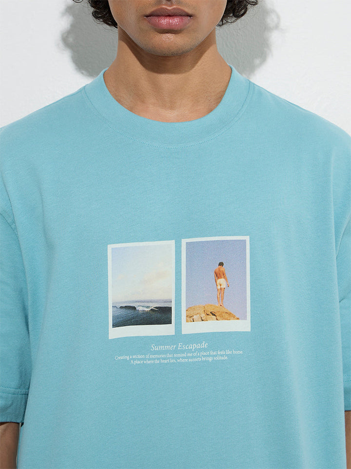 Nuon Blue Printed Relaxed-Fit Cotton T-Shirt