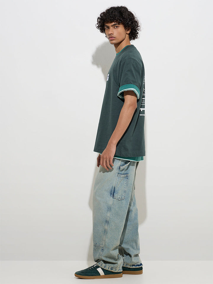 Nuon Dark Green Text Design Relaxed-Fit Cotton T-Shirt