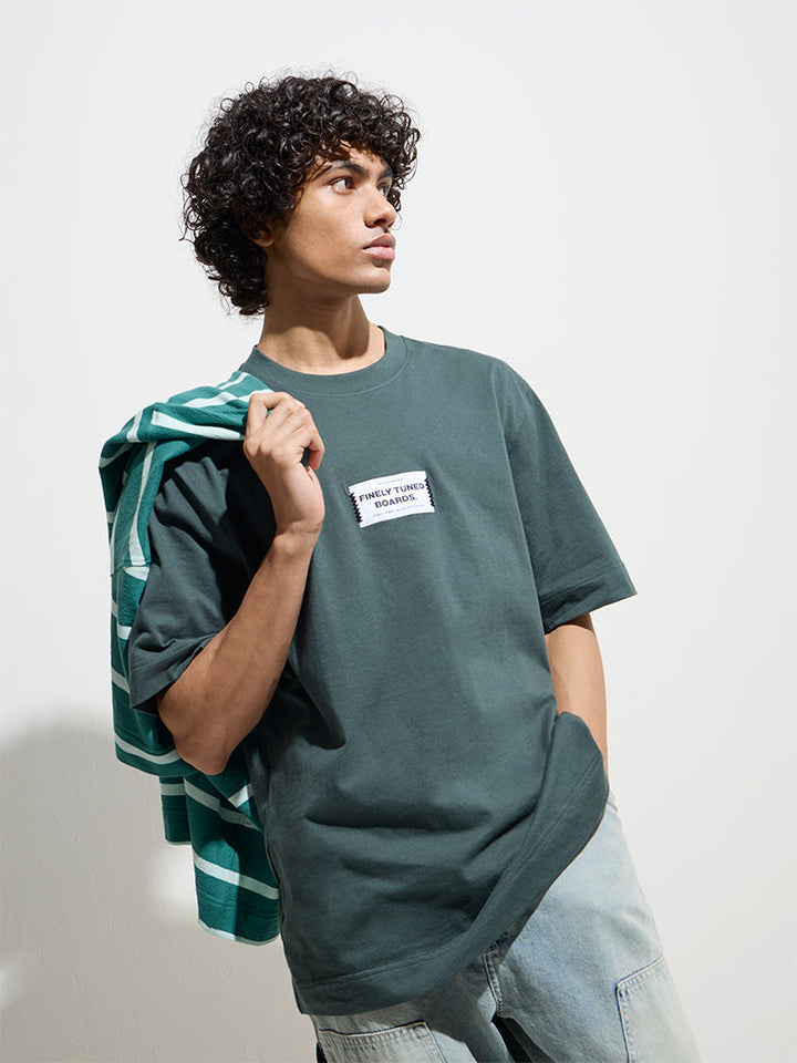 Nuon Dark Green Text Design Relaxed-Fit Cotton T-Shirt