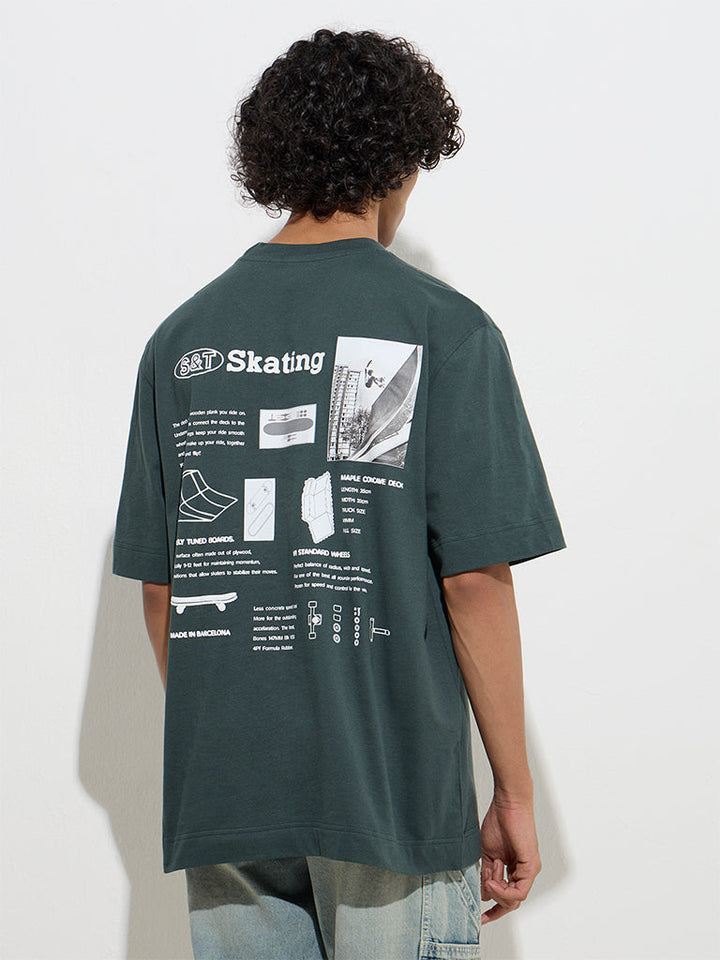 Nuon Dark Green Text Design Relaxed-Fit Cotton T-Shirt
