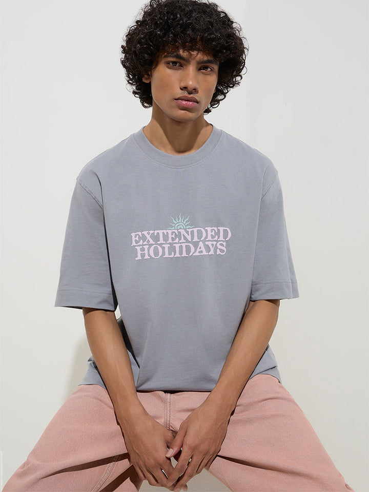 Nuon Grey Printed Relaxed-Fit Cotton T-Shirt
