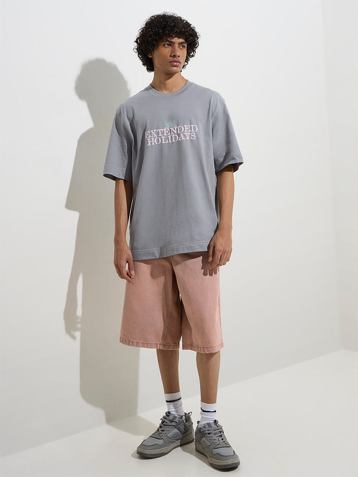 Nuon Grey Printed Relaxed-Fit Cotton T-Shirt