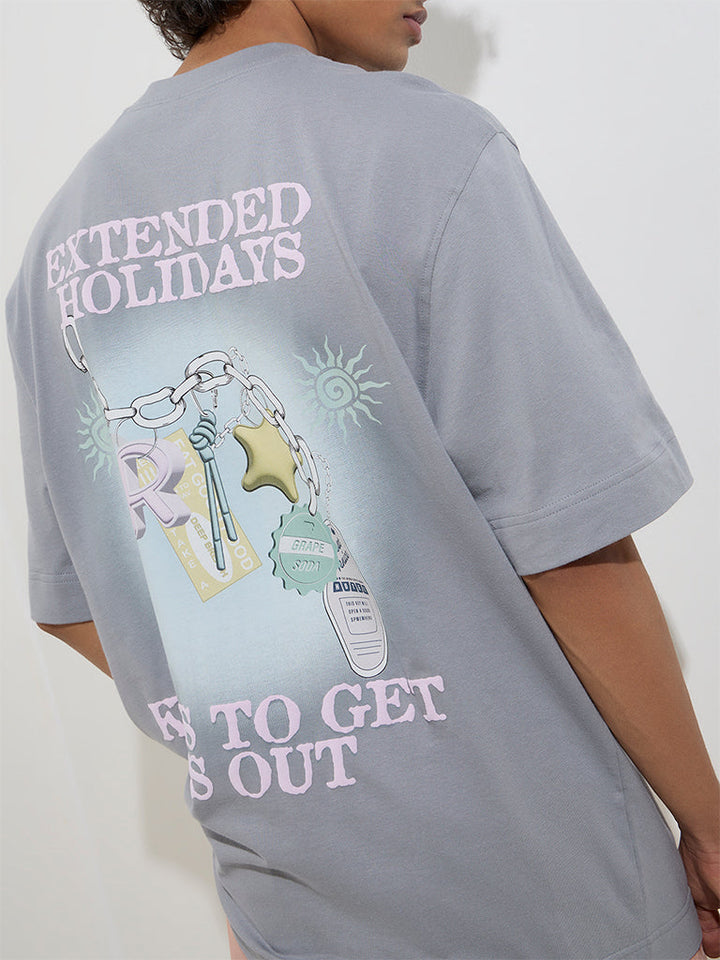 Nuon Grey Printed Relaxed-Fit Cotton T-Shirt