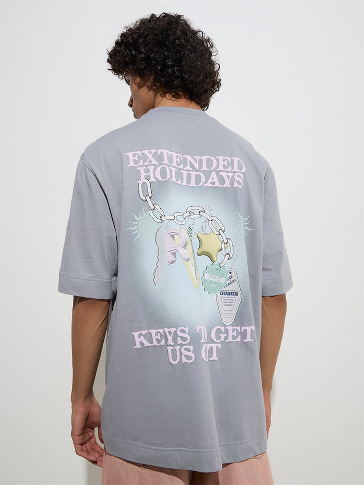 Nuon Grey Printed Relaxed-Fit Cotton T-Shirt