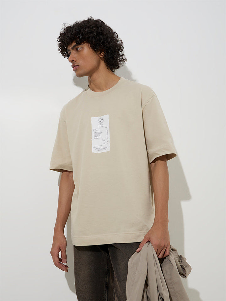 Nuon Beige Printed Relaxed-Fit Cotton T-Shirt
