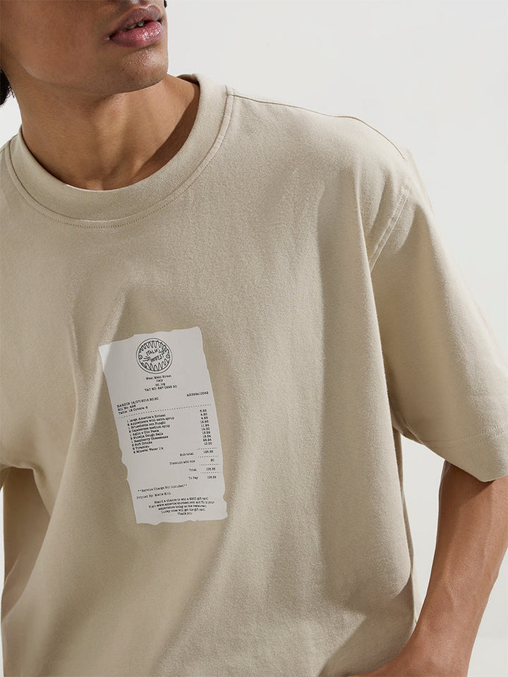 Nuon Beige Printed Relaxed-Fit Cotton T-Shirt