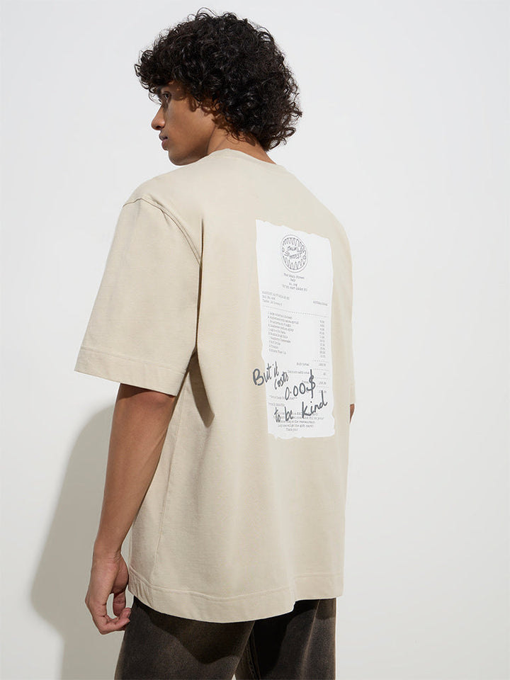 Nuon Beige Printed Relaxed-Fit Cotton T-Shirt