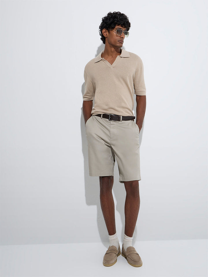 Ascot Beige Solid Relaxed-Fit Cotton-Blend Polo T-Shirt