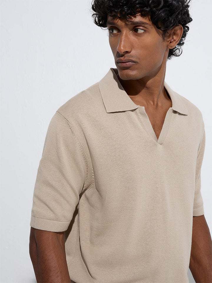 Ascot Beige Solid Relaxed-Fit Cotton-Blend Polo T-Shirt