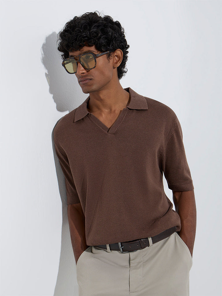 Ascot Brown Solid Relaxed-Fit Cotton-Blend Polo T-Shirt