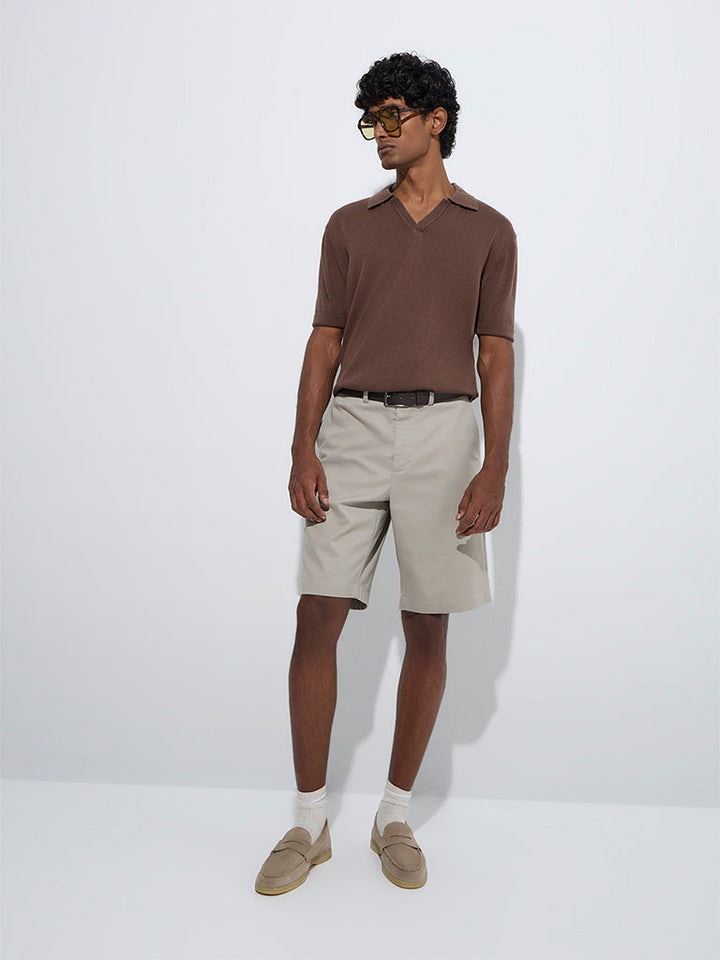 Ascot Brown Solid Relaxed-Fit Cotton-Blend Polo T-Shirt