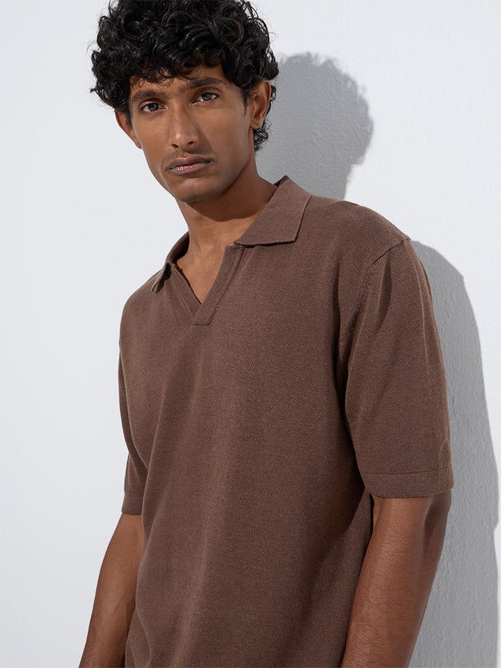 Ascot Brown Solid Relaxed-Fit Cotton-Blend Polo T-Shirt