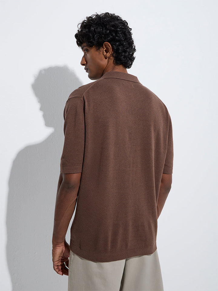 Ascot Brown Solid Relaxed-Fit Cotton-Blend Polo T-Shirt