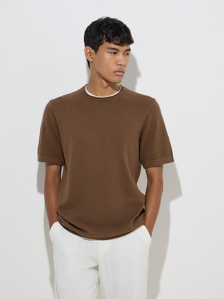 ETA Brown Ribbed Relaxed-Fit Cotton T-Shirt