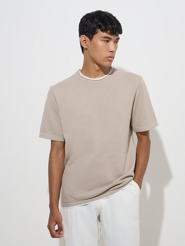 ETA Beige Ribbed-Textured Relaxed-Fit Cotton T-Shirt