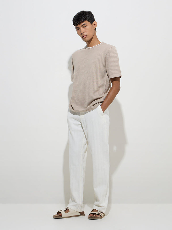 ETA Beige Ribbed-Textured Relaxed-Fit Cotton T-Shirt